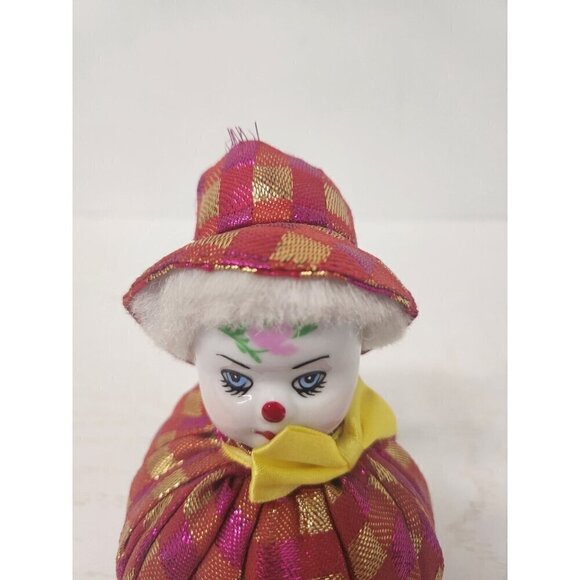 Vintage Jester Clown Pin Cushion Sand Bag Soft Body Porcelain Face Stuffed Doll - Picture 3 of 8